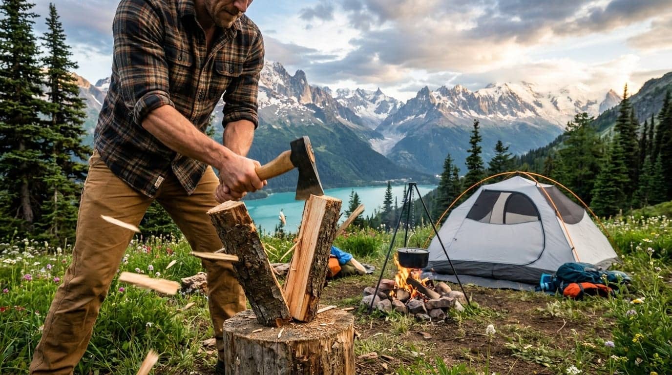 Compact hatchet and prepared kindling at a weekend camp — fire before shelter