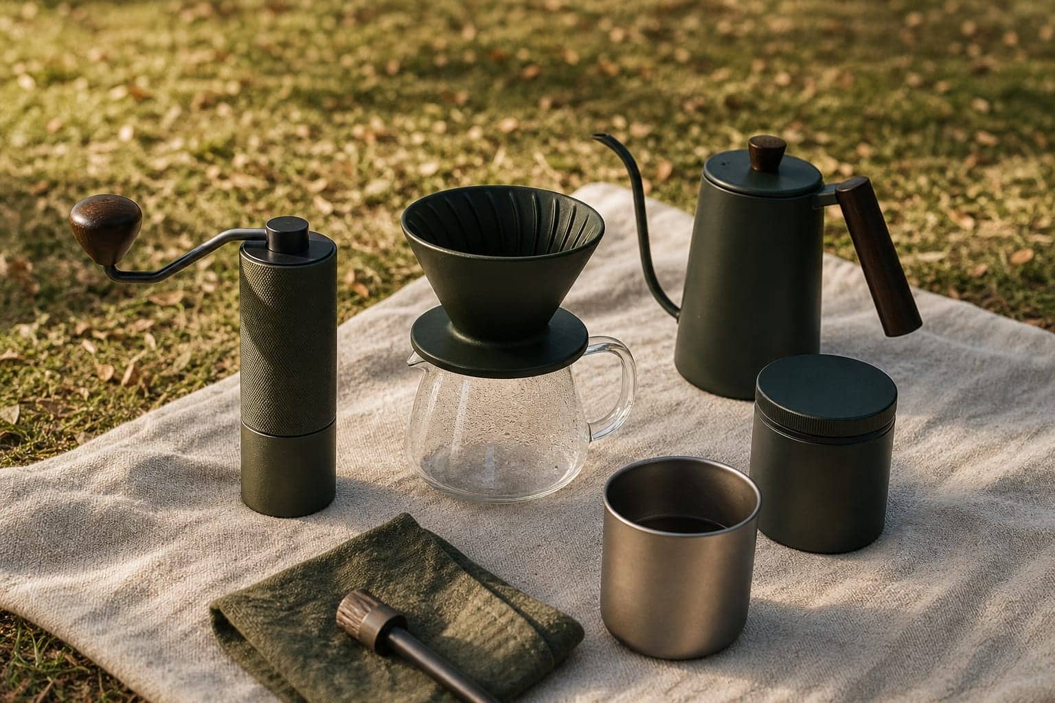 Compact pour-over coffee kit arranged on a picnic blanket in warm park light