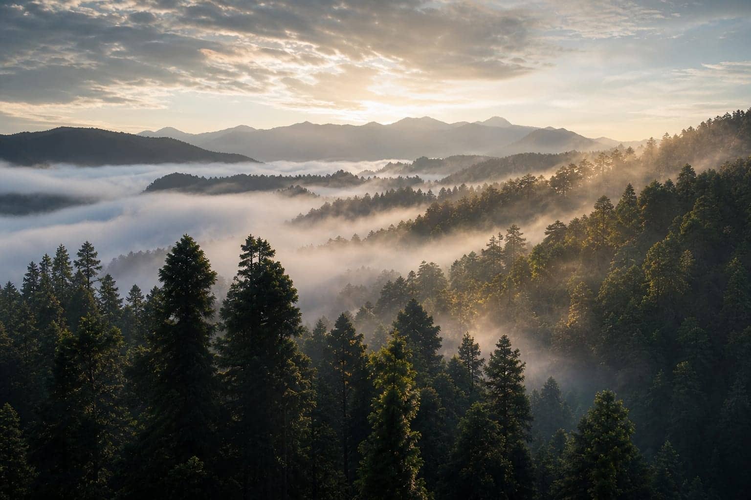 Misty Japanese cedar forest valley at dawn